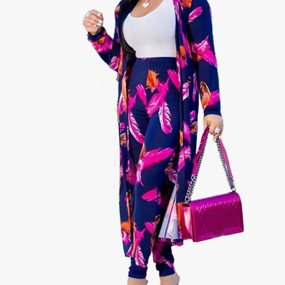 Pink - Y&P printed Long Cardigans 2 Piece Outfits,Long Sleeve Coat and Trousers… - Picture 1 of 5